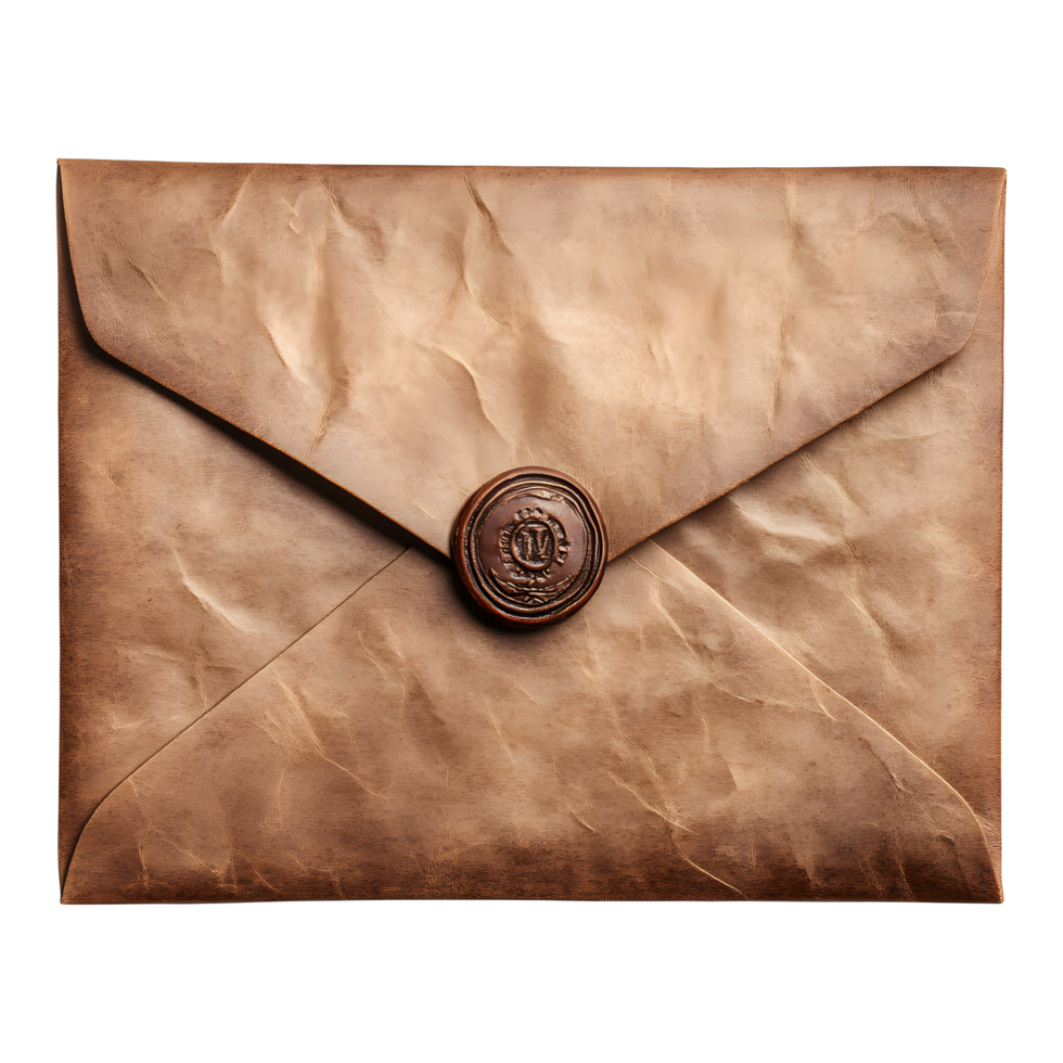 Antique brown paper envelope sealed with a circular wax seal isolated on transparent background png