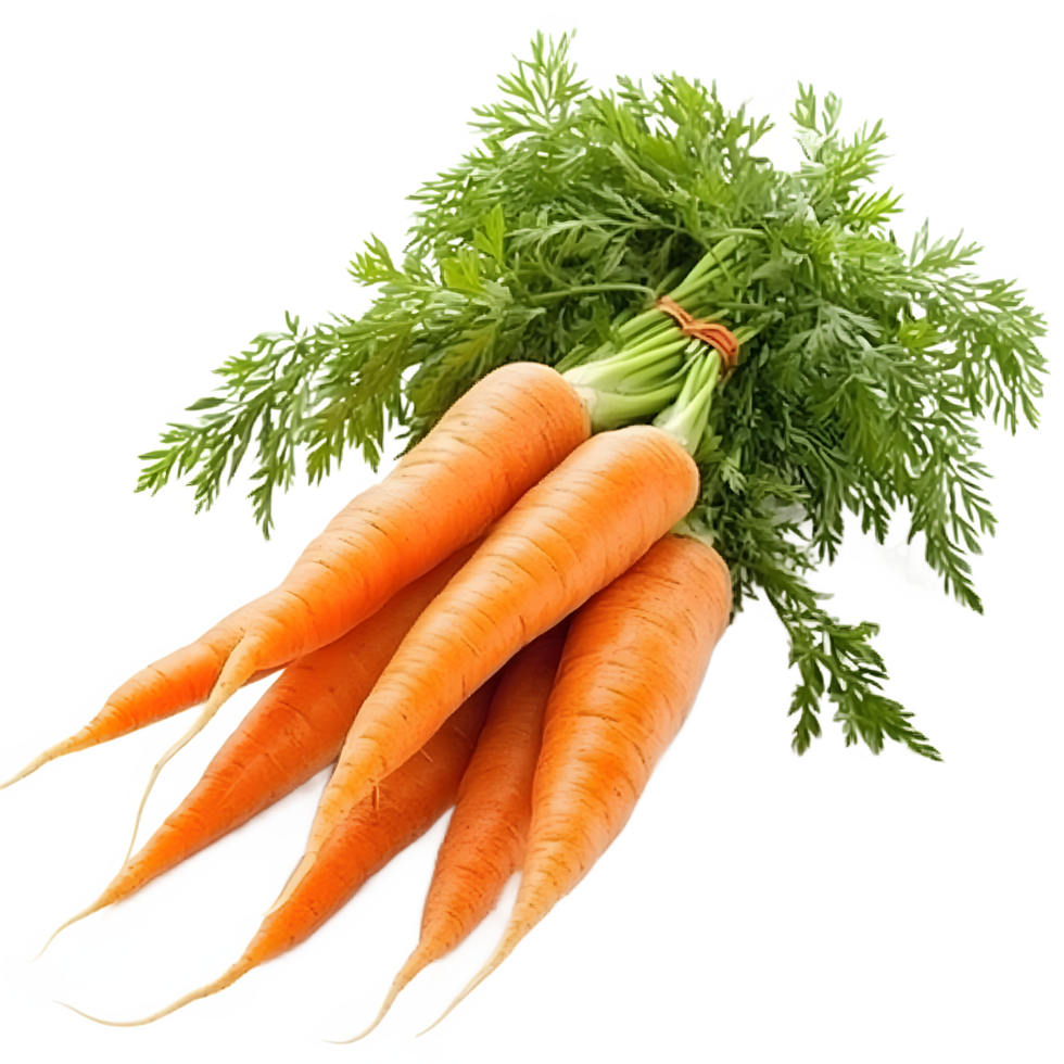 Freshly harvested bunch of organic carrots with green tops isolated on transparent background png