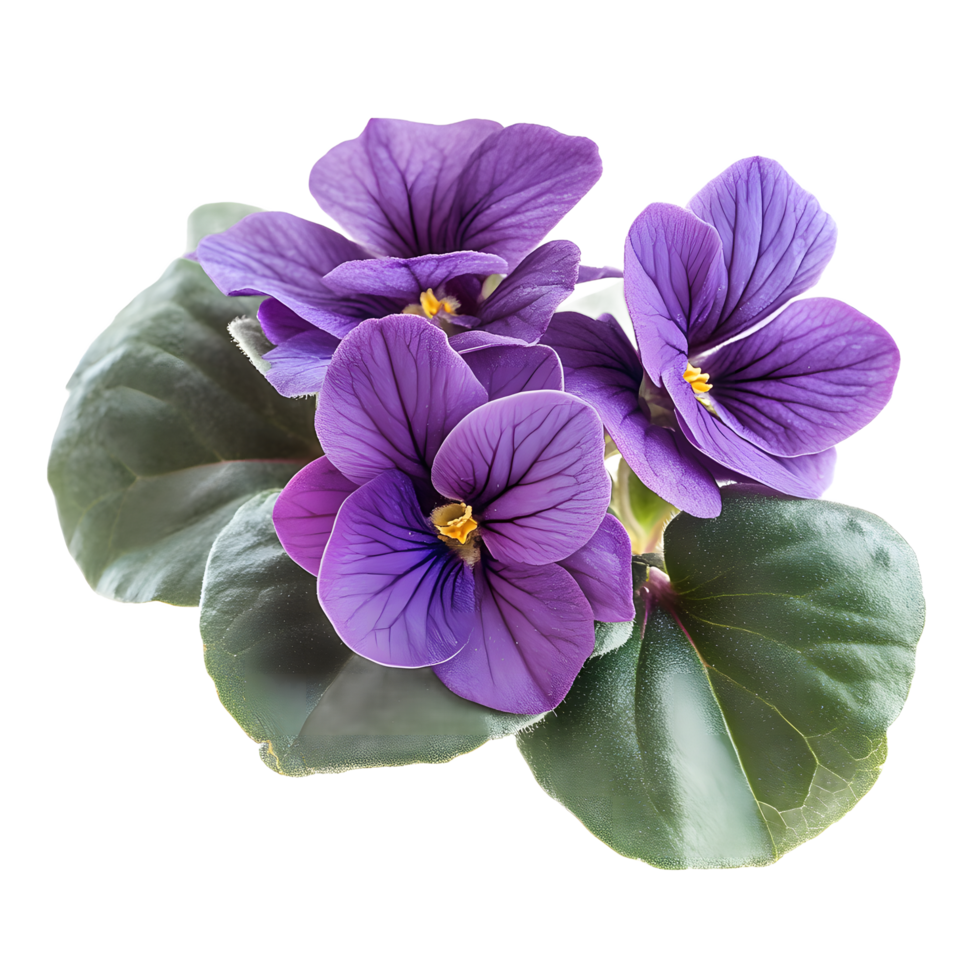 Beautiful cluster of vibrant purple african violet flowers with green leaves isolated on transparent background png