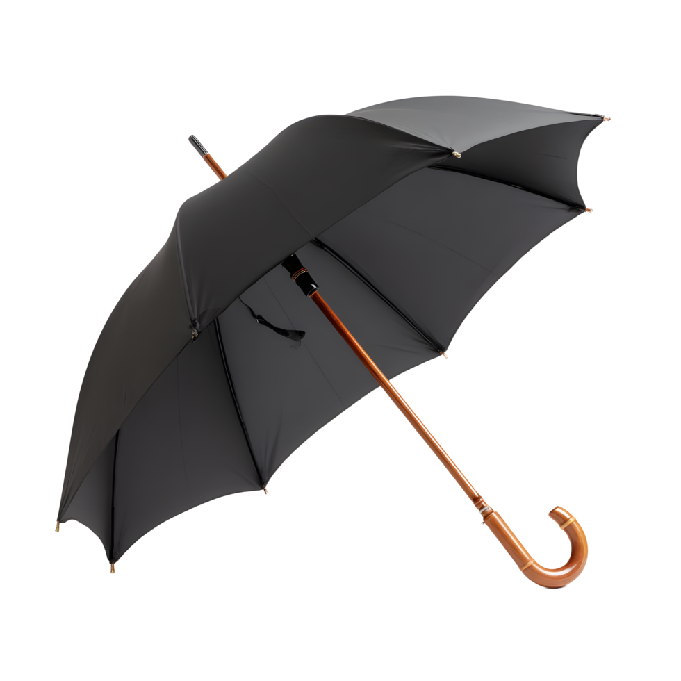 Classic black umbrella with curved wooden handle elegant and functional accessory isolated on transparent background png