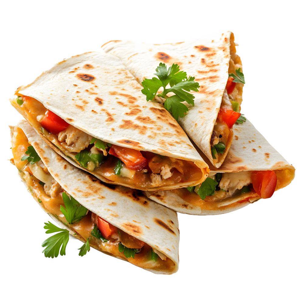 Delicious chicken quesadilla with fresh vegetables and herbs isolated on transparent background png