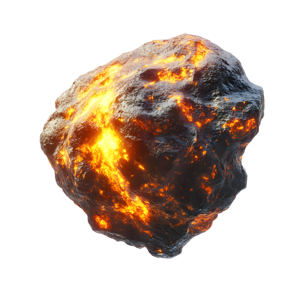 Fiery glowing asteroid with molten core isolated on transparent background png