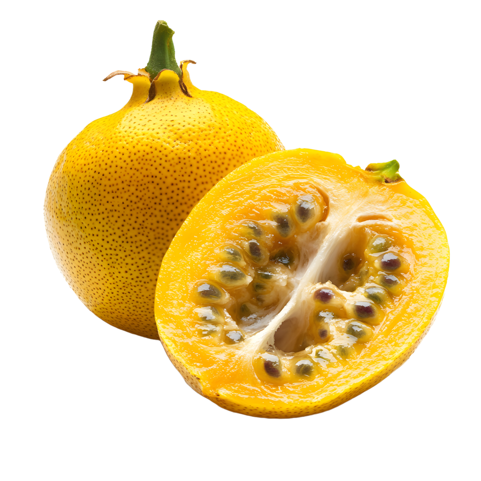 Whole and halved yellow passion fruit with seeds and pulp isolated on transparent background png