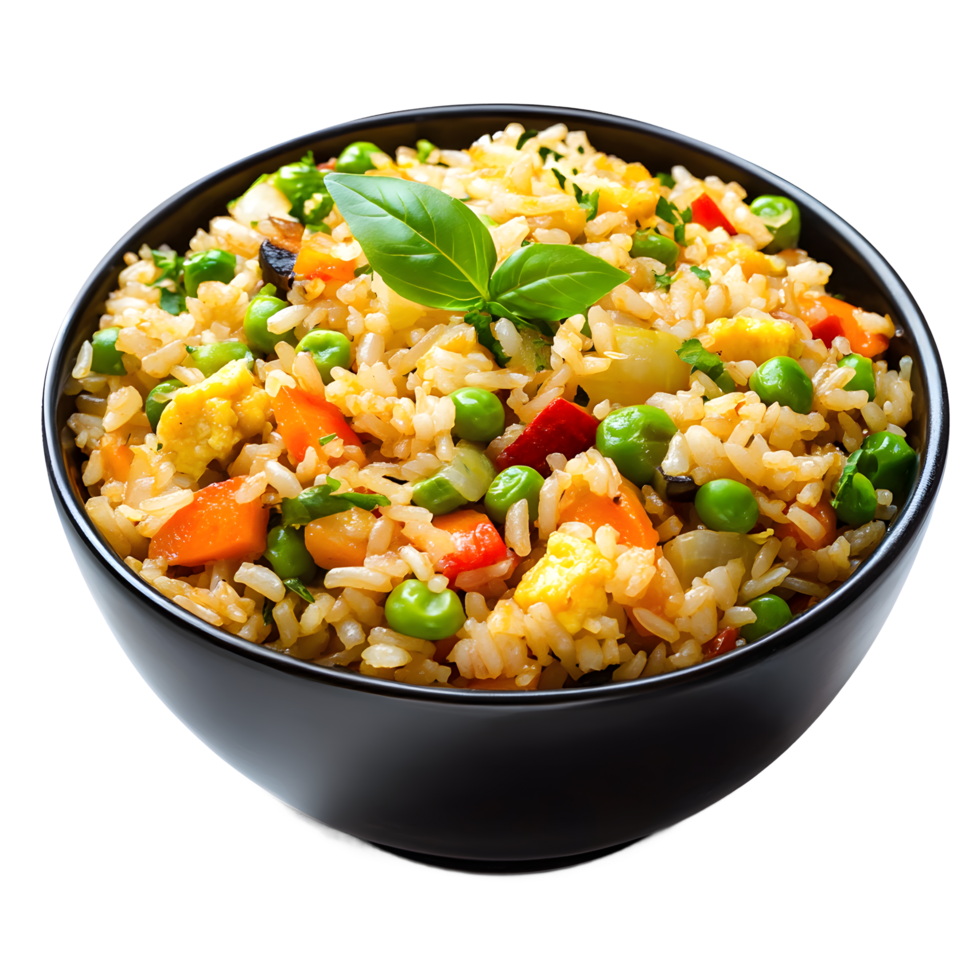 Delicious vegetable fried rice in a bowl with fresh basil garnish isolated on transparent background png