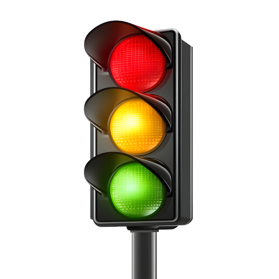 Vertical traffic signal with red yellow and green lights illuminated isolated on transparent background png