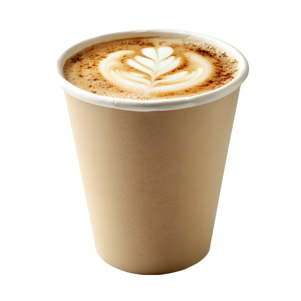 A delicious hot latte with latte art in a disposable paper cup isolated on transparent background png