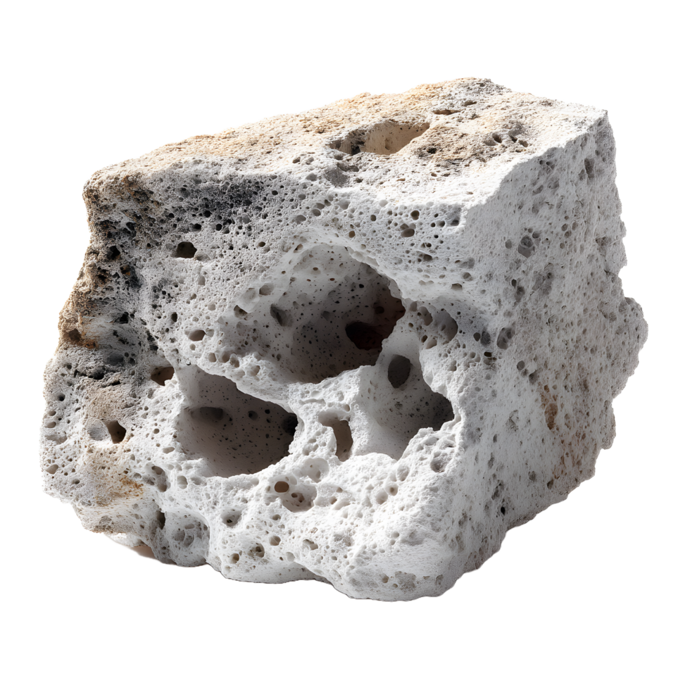A rough porous white rock with dark inclusions isolated on transparent background png
