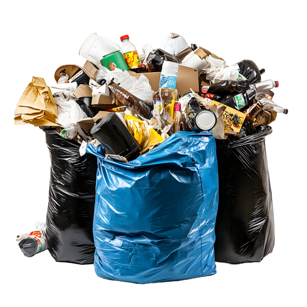 Full blue garbage bag overflowing with various trash items isolated on transparent background png