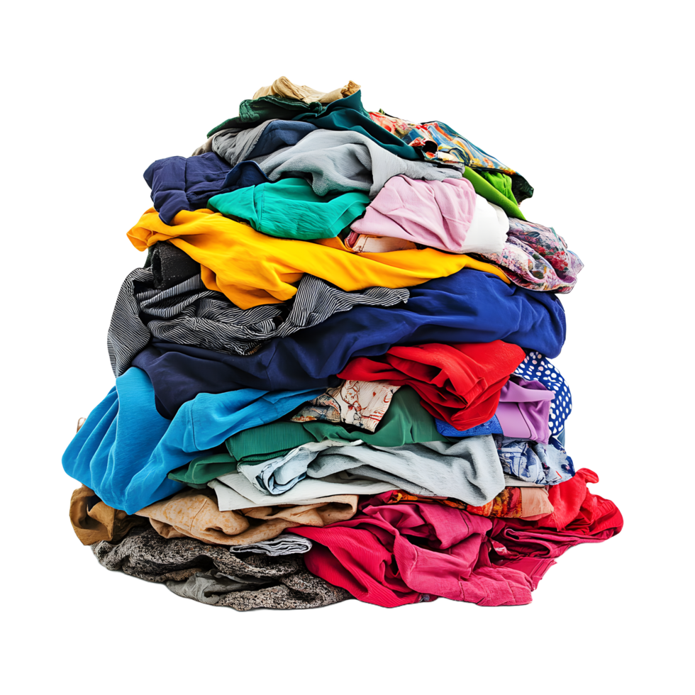 A large messy pile of colorful folded and crumpled clothes isolated on transparent background png