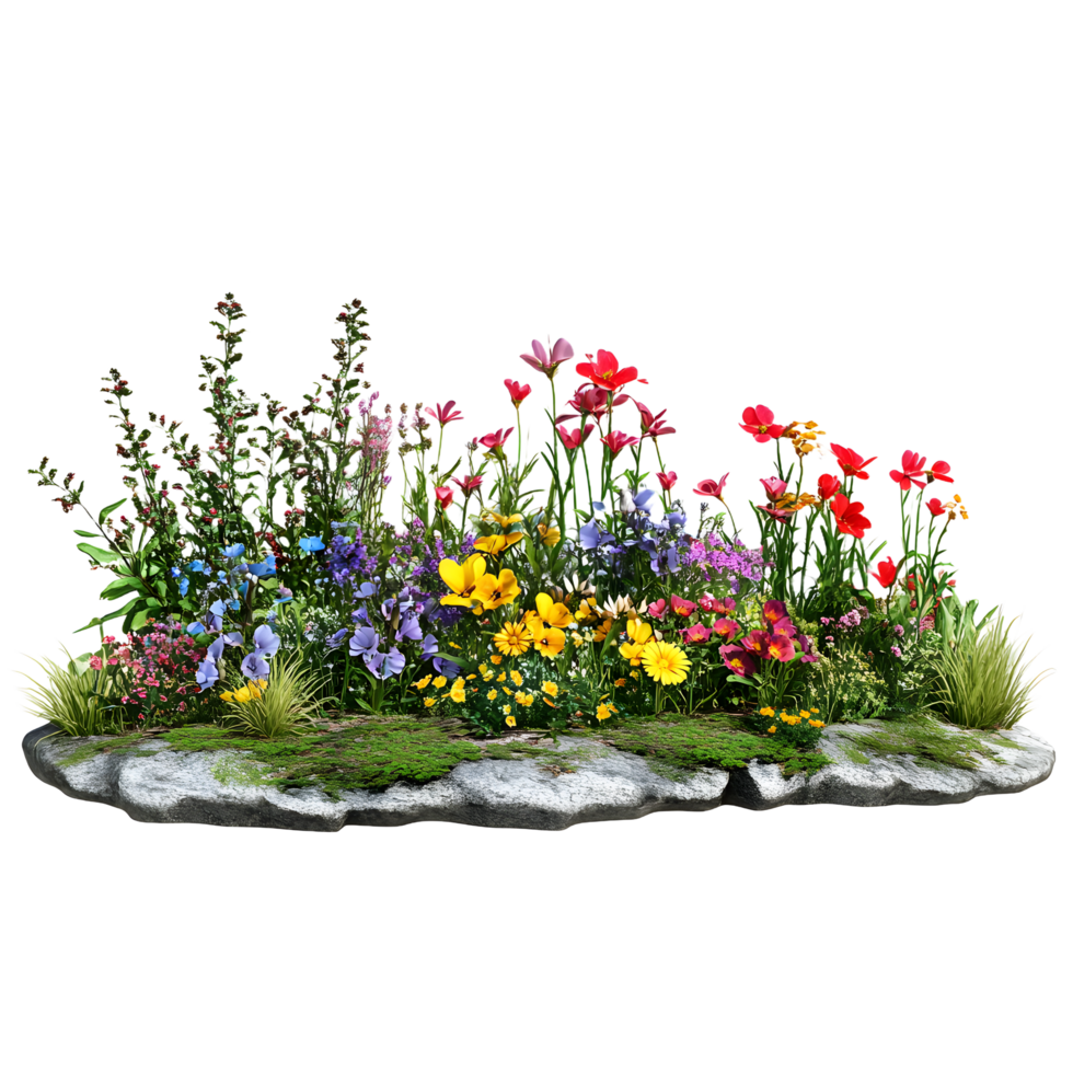 Vibrant assortment of colorful garden flowers and greenery isolated on transparent background png