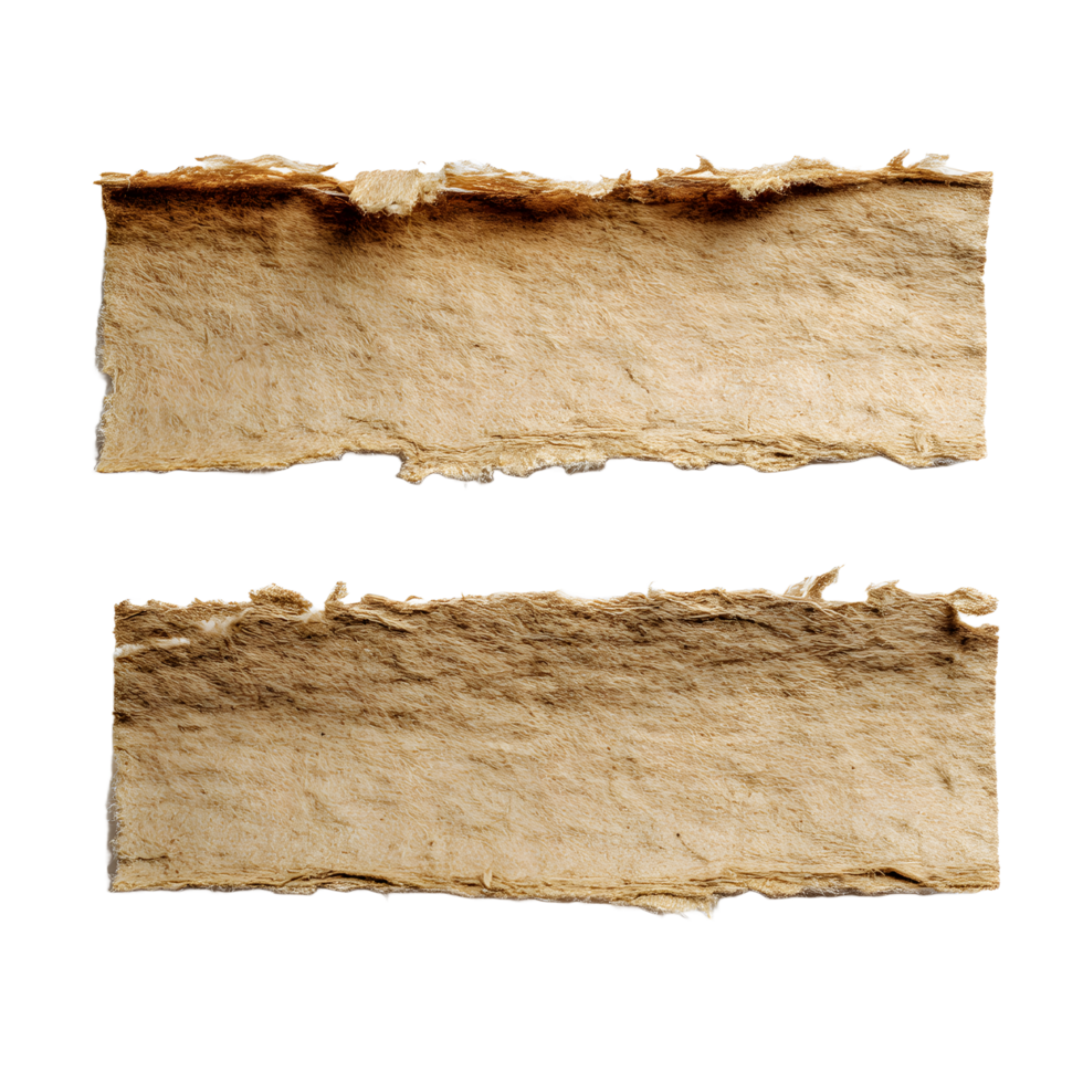 Two torn rough textured paper edges with burned brown borders isolated on transparent background png