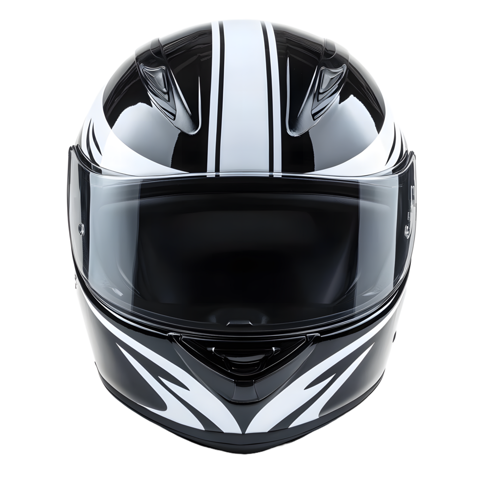 Sleek black and white striped motorcycle helmet with tinted visor isolated on transparent background png
