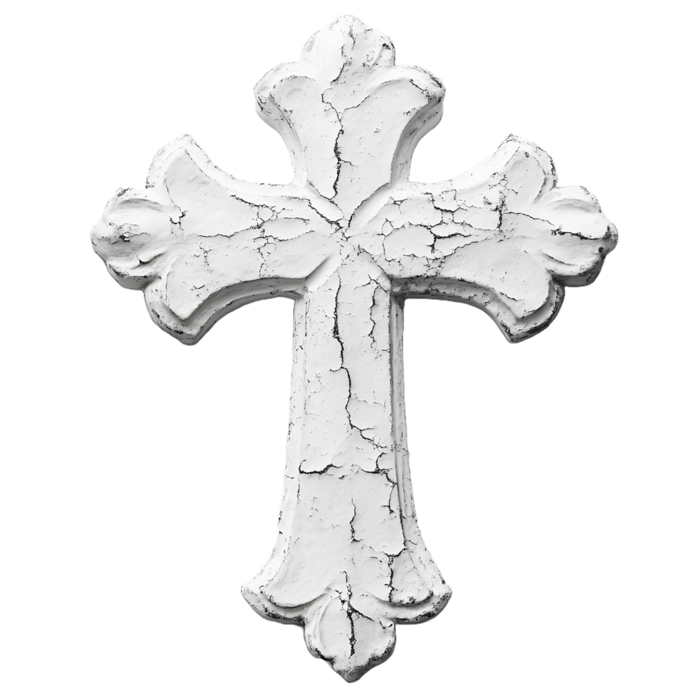 Ornate white cross with distressed texture isolated on transparent background png