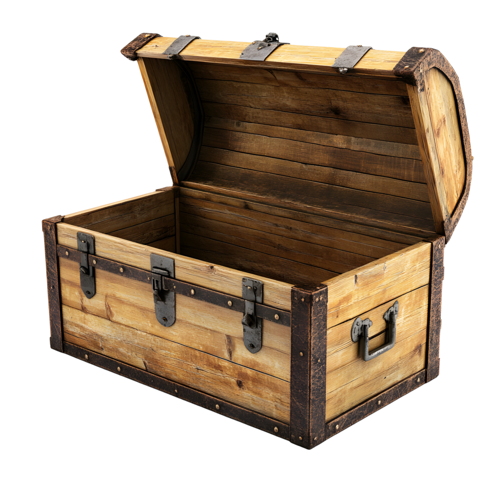 Antique wooden treasure chest with ornate metalwork and open lid isolated on transparent background png