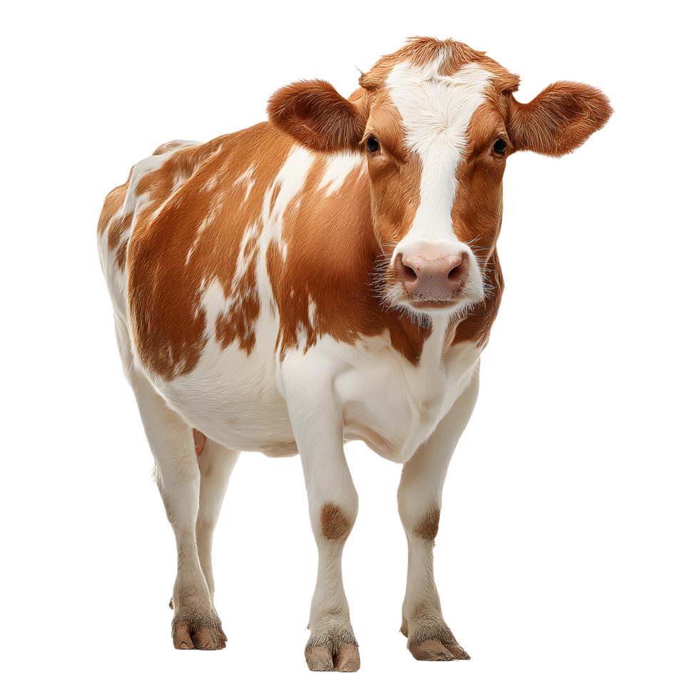 A brown and white spotted dairy cow standing calmly isolated on transparent background png