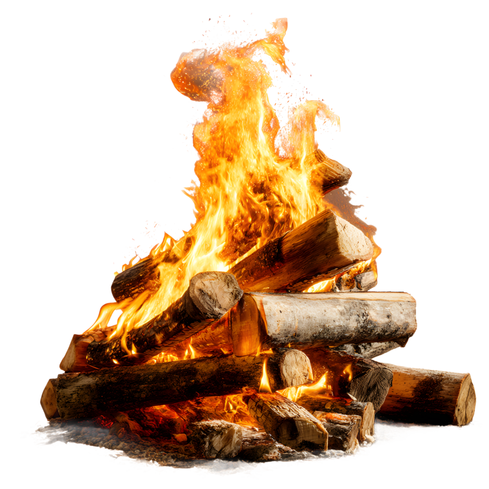 Vibrant campfire with glowing embers and dancing flames isolated on transparent background png