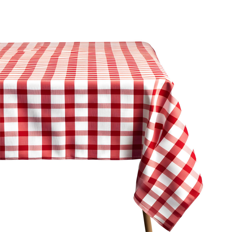 Red and white gingham patterned tablecloth draped over a table edge isolated on transparent background png