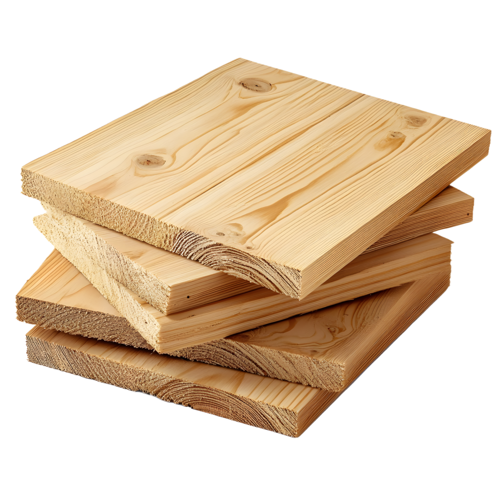 Stack of rough cut wooden planks with natural bark edges isolated on transparent background png