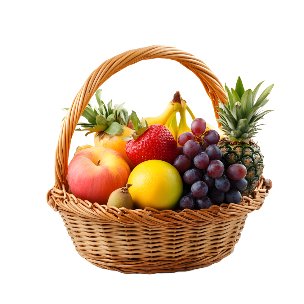A woven basket overflowing with a vibrant assortment of fresh fruits isolated on transparent background png
