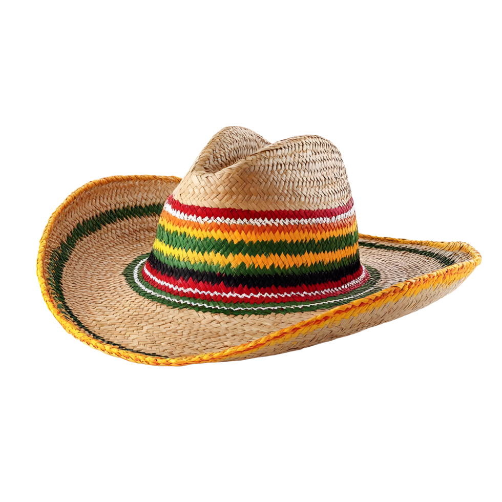Traditional mexican sombrero hat with colorful woven stripes isolated on transparent background png