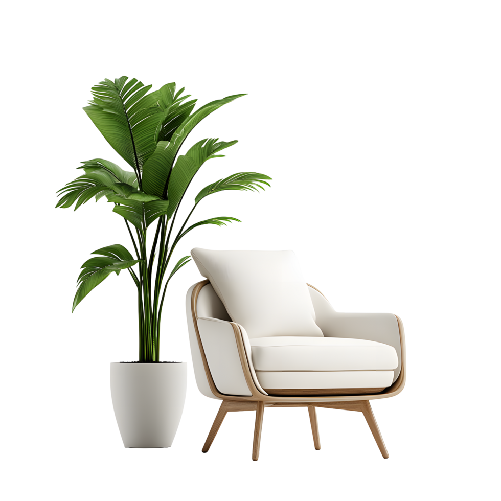 Comfortable modern armchair with a lush green potted plant isolated on transparent background png