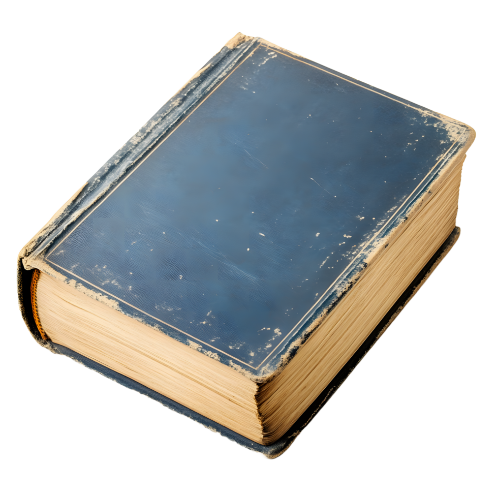 A vintage blue hardcover book with aged pages isolated on transparent background png