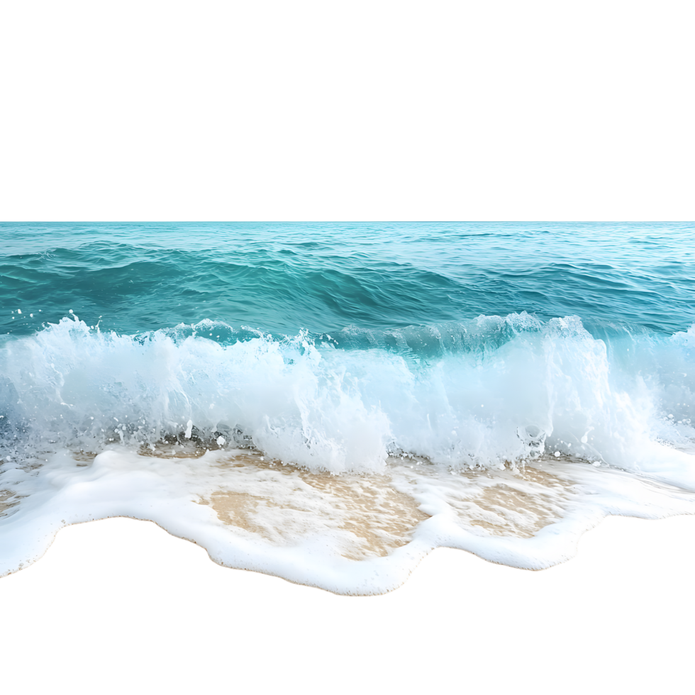 Crashing ocean wave with white foam and sandy beach texture isolated on transparent background png