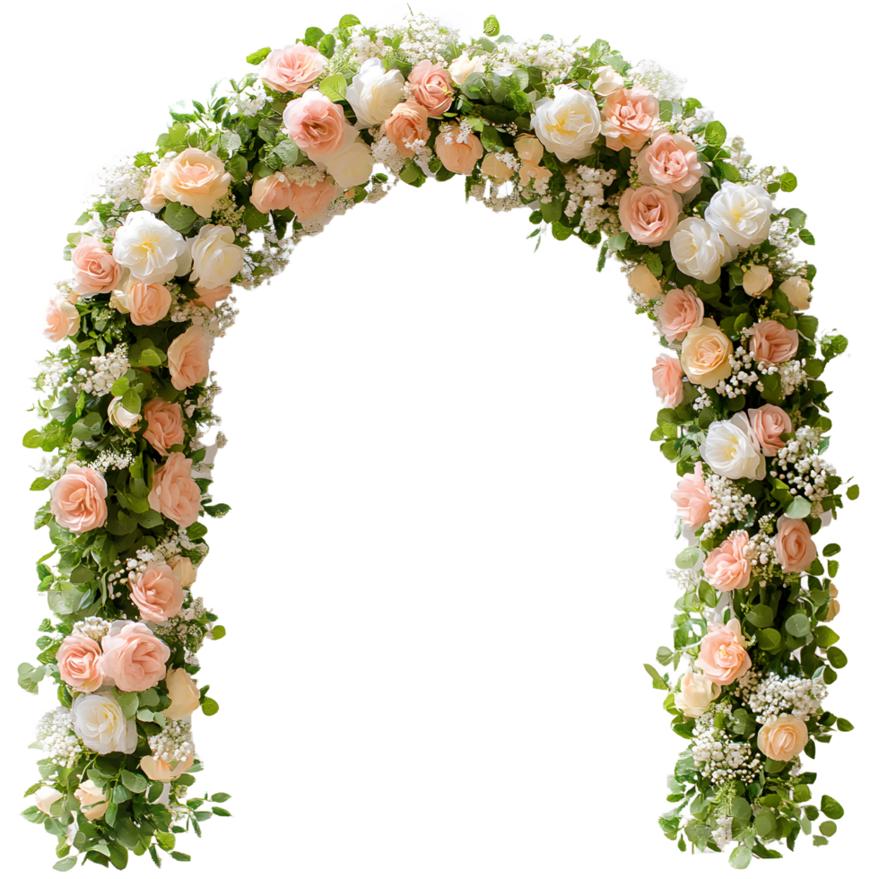 Beautiful archway adorned with delicate peach and cream roses and lush greenery isolated on transparent background png