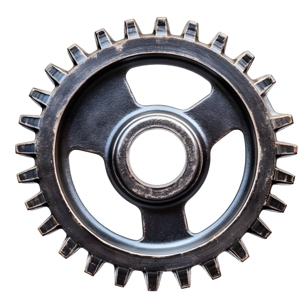 Detailed metallic gear with many teeth isolated on transparent background png