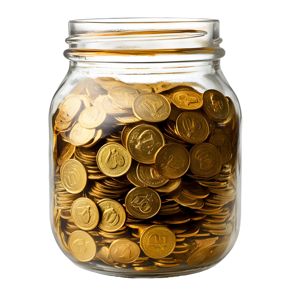 Glass jar filled with numerous golden coins isolated on transparent background png