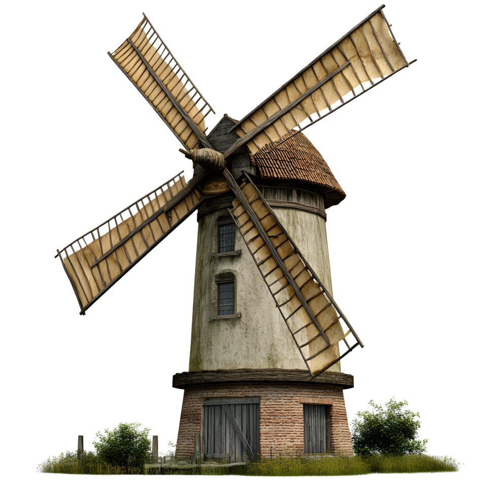 Detailed antique european windmill with four large sails and brick base isolated on transparent background png