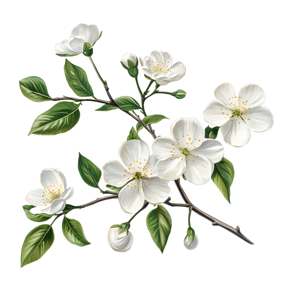 Delicate white cherry blossoms with green leaves on a branch isolated on transparent background png