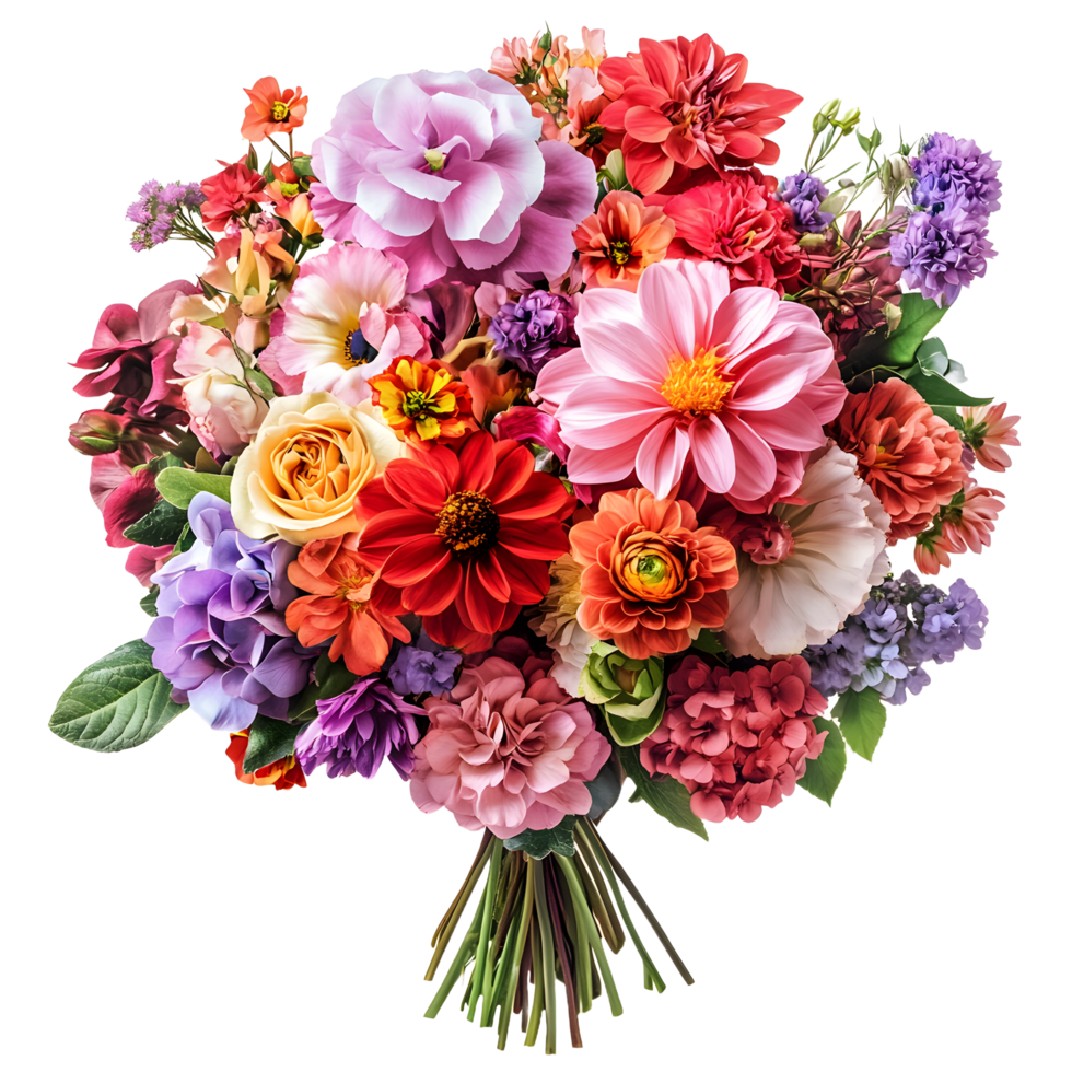 Vibrant mixed flower bouquet featuring roses dahlias and other blooms isolated on transparent background png