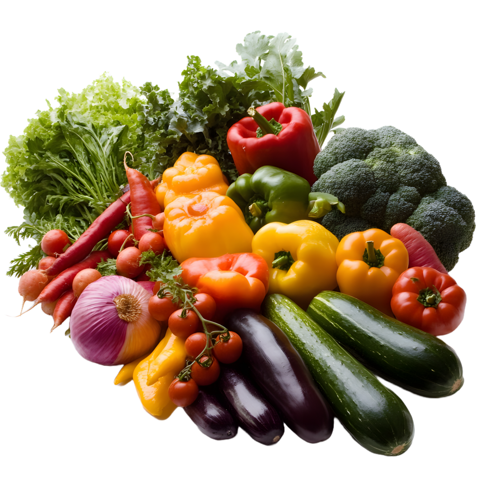 A vibrant assortment of fresh healthy vegetables including peppers zucchini lettuce and tomatoes isolated on transparent background png