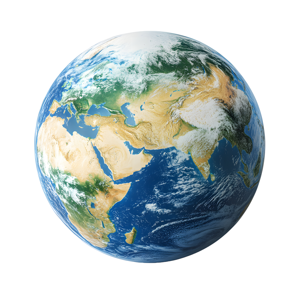 Detailed realistic depiction of planet earth showing continents and oceans isolated on transparent background png