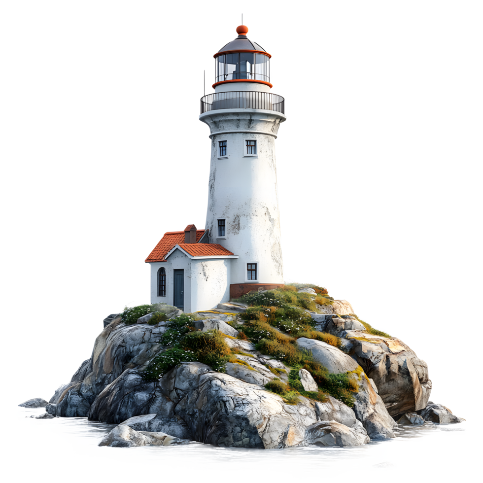 Iconic white lighthouse and small building perched on a rocky island isolated on transparent background png