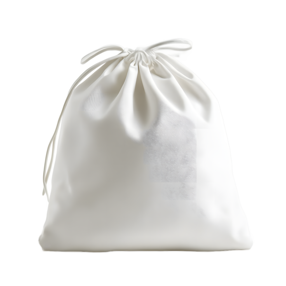 Elegant white satin drawstring gift bag with intricate embossed pattern isolated on transparent background png