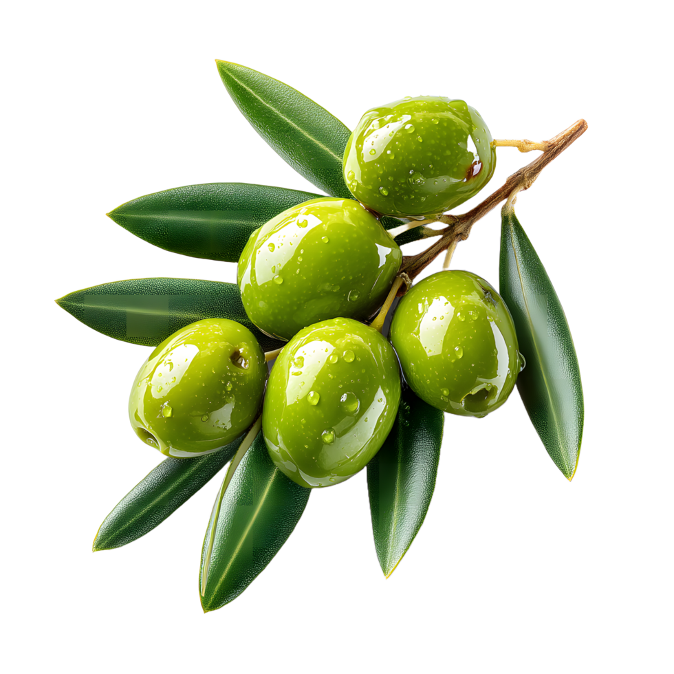 Fresh green olives with leaves on a branch isolated on transparent background png