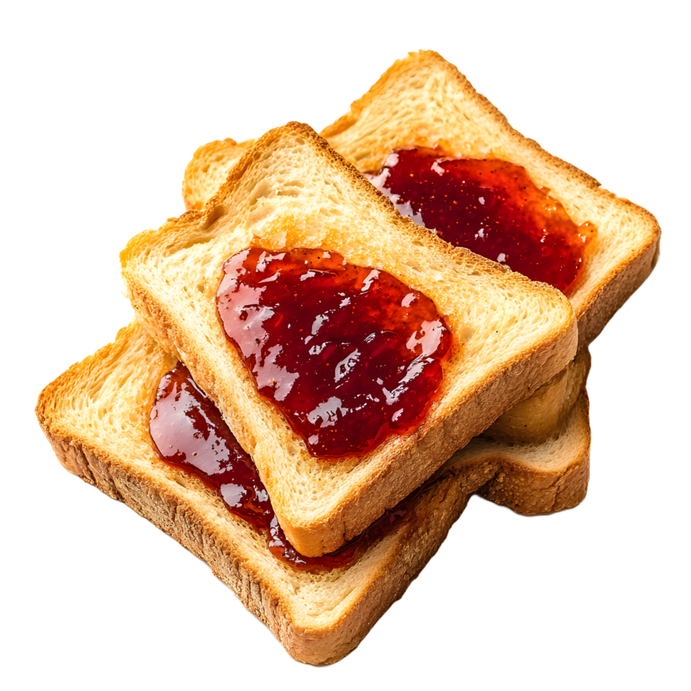 Close-up of toasted bread slices topped with strawberry jam. png