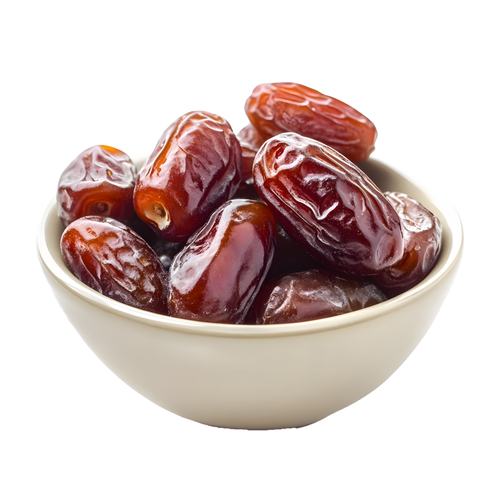 A white bowl filled with ripe dark brown dates showcasing their wrinkled texture isolated on transparent background png