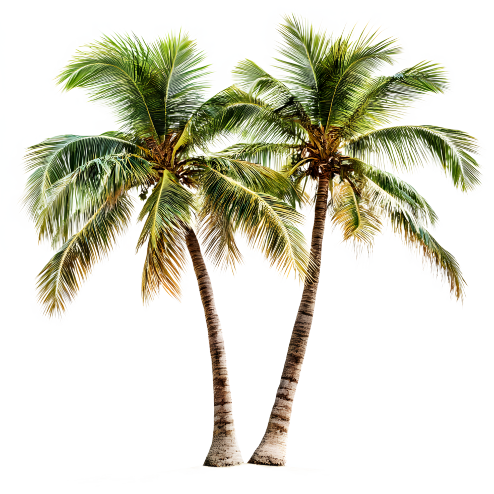 Two lush green palm trees with detailed trunks isolated on transparent background png