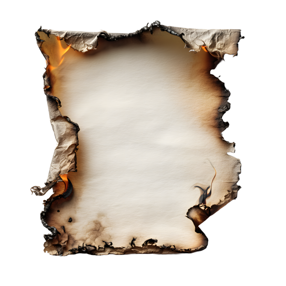 A vintage burnt parchment paper with charred edges isolated on transparent background png