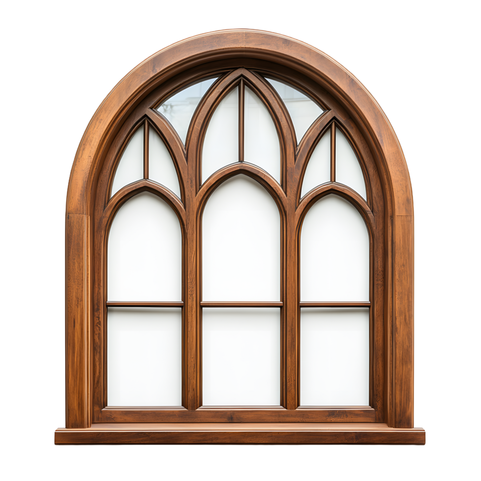 Ornate gothic revival arched wooden window with three lancet panes isolated on transparent background png