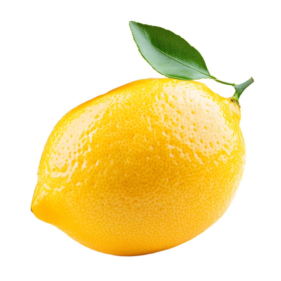 A bright yellow lemon with a single green leaf attached isolated on transparent background png