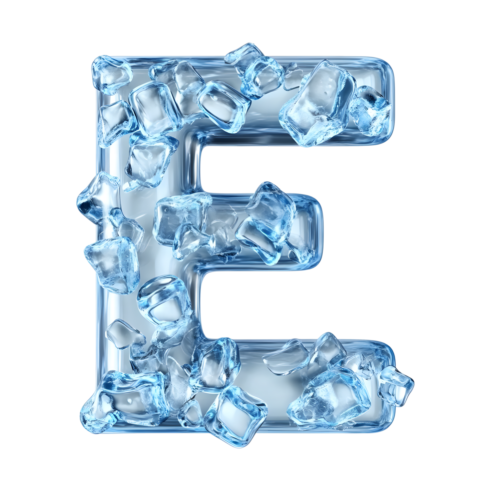 Letter e formed from clear ice cubes and frozen water droplets isolated on transparent background png