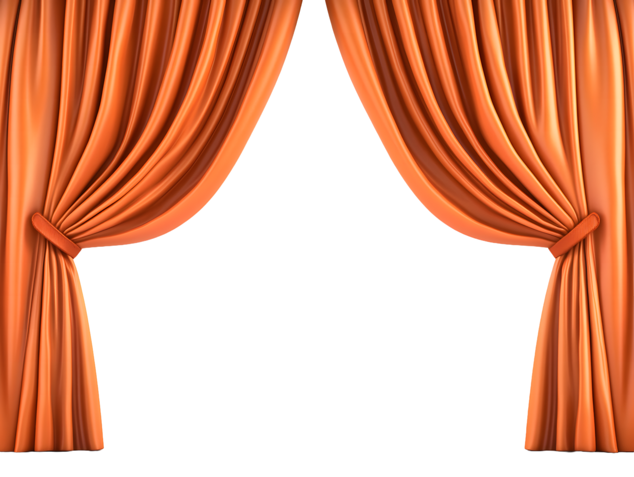 Elegant orange velvet stage curtains drawn open revealing a dark space isolated on transparent background png
