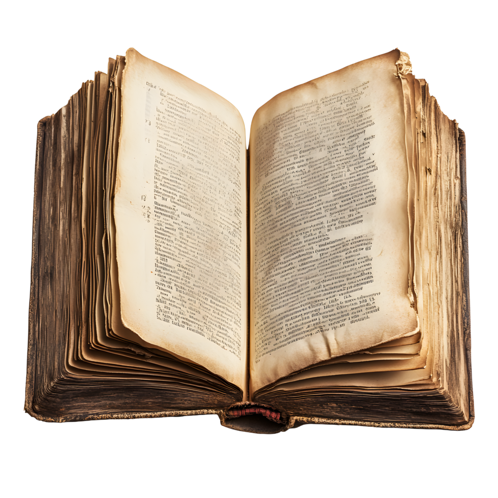An ancient open book with aged yellowed pages filled with text isolated on transparent background png