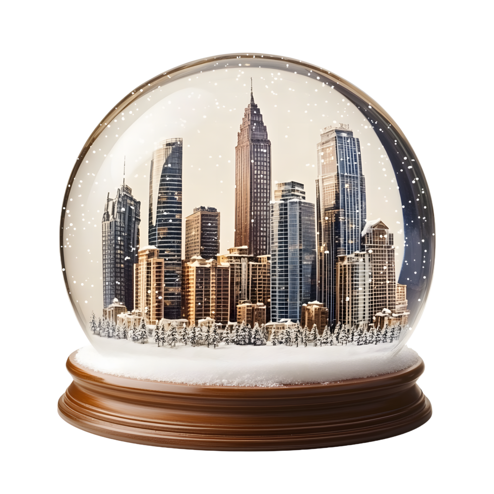 Detailed snow globe featuring a miniature new york city skyline with sparkling glitter isolated on transparent background png