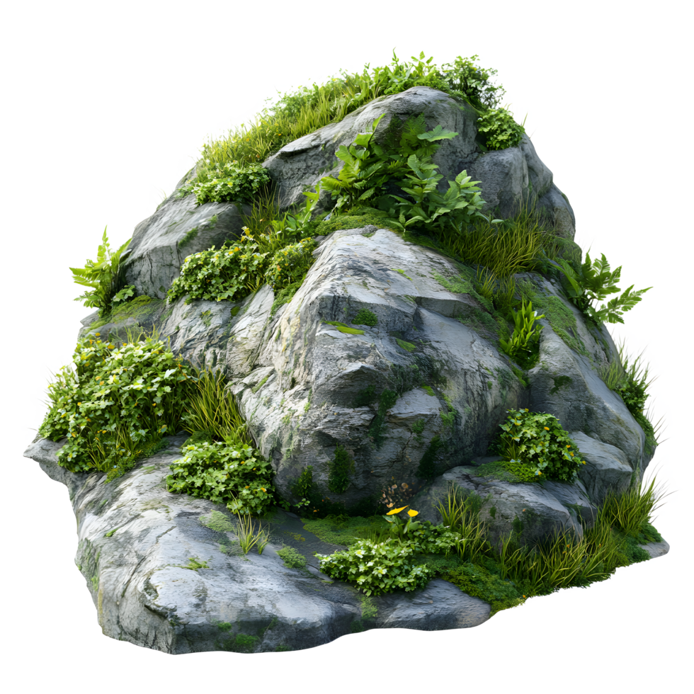 A realistic moss covered rock formation with lush green vegetation isolated on transparent background png