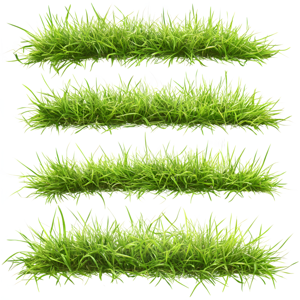 Four realistic textured green grass patches isolated on transparent background png